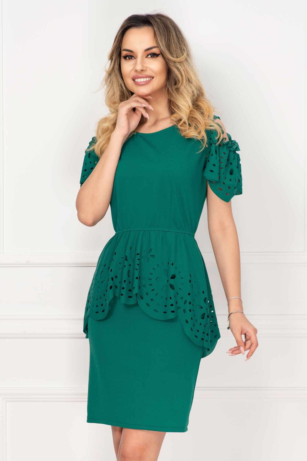Rochie de ocazie Livia verde cu peplum si material perforat By InPuff